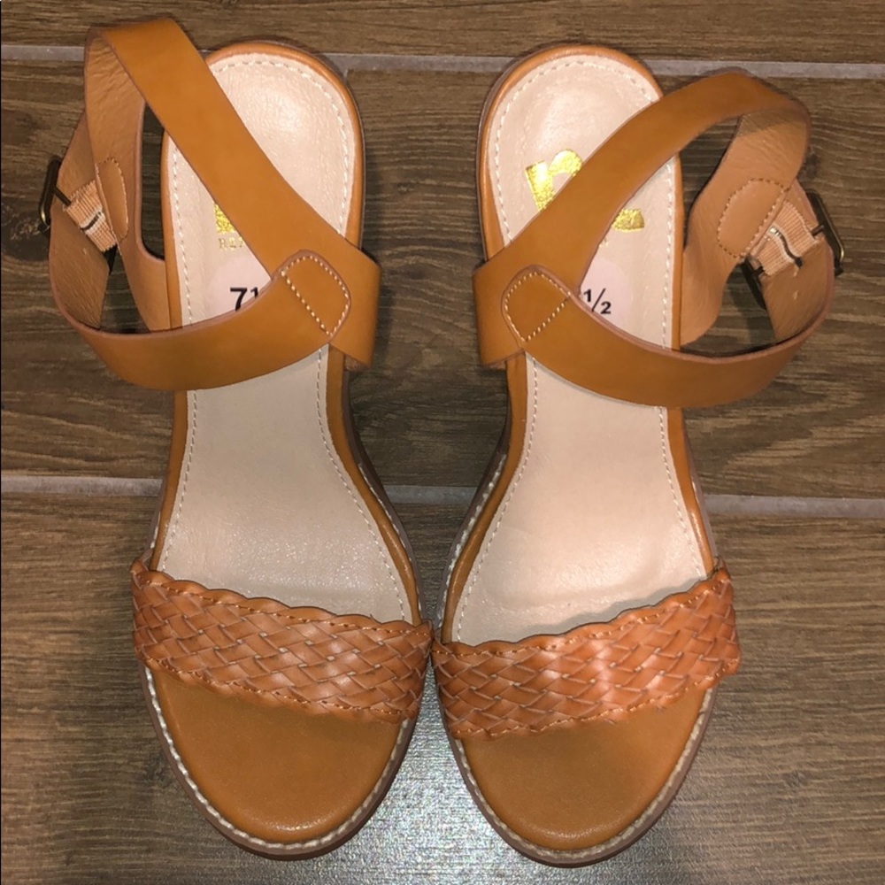Tan Report leather strap braided heels